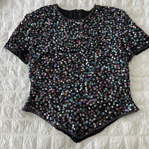 1980s Multicolor Black Sequin Crop Top - Triangle Retro Party Blouse - Size M